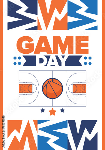 Game Day. Basketball playoff in March. Super sport party in United States. Final games of season tournament. Professional team championship. Ball for basketball. Sport poster. Vector