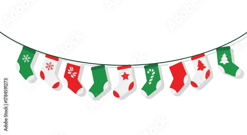Festive sock garland A cheerful banner of Christmas decorations, perfect for holiday greetings and celebrations