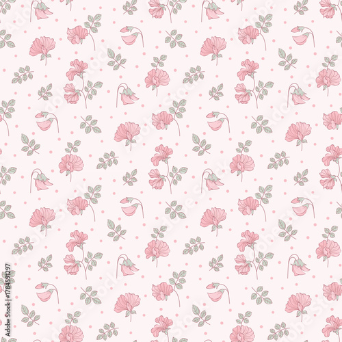Hand drawn flower pattern, floral seamless pattern, cottagecore ditsy tile print, sweet flower print on light  background. Small flower style, pink color, design for fashion, texture, fabric