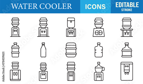 Vector line icon pack of beverage dispensers and water coolers for modern appliance and hydration illustrations.