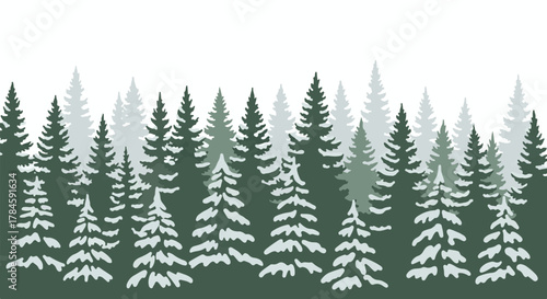 Vector illustration of a winter pine forest landscape with snow-covered trees. A seamless horizontal border design element on a white background