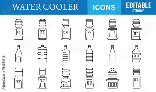 Editable stroke icon collection of office water coolers and bottles for refreshment and supply design concepts.