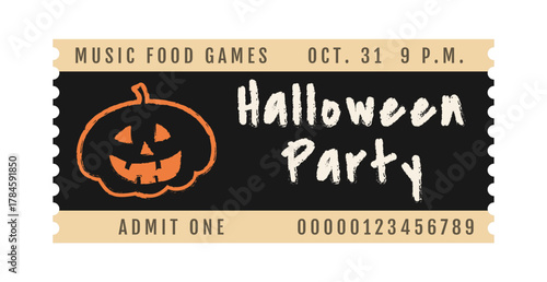 Halloween party ticket template. Holiday event admission, admit one. Festive typography and scary pumpkin on dark background. Vector layout for themed events, promotions and entertainment.