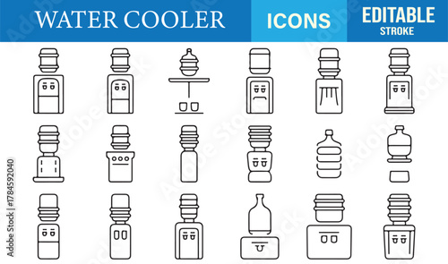 Vector pack featuring dispensers, bottles, and drink containers for hydration and lifestyle design use.
