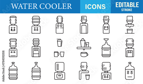 Editable outline vector icons of water coolers and bottles for office, kitchen, and appliance design illustrations.