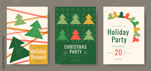 Holiday layouts invitations with Christmas trees. Festive design illustrations for to family, friends and colleagues. Templates for social media posts.