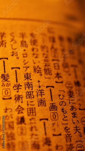 Close-up of traditional Japanese text on aged paper, illuminated by warm, golden light, subtly conveying the rich heritage of Japanese language and culture.