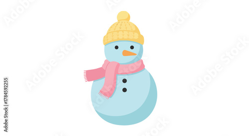 Cute Cartoon Snowman Illustration with Yellow Knitted Hat and Pink Scarf, a Whimsical Character for Winter Holiday Greetings and Festive Seasonal Designs