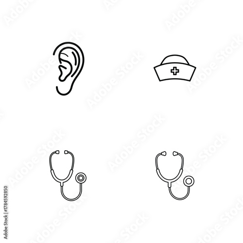 Set of four simple line art medical icons including an ear nurse cap and two stethoscopes