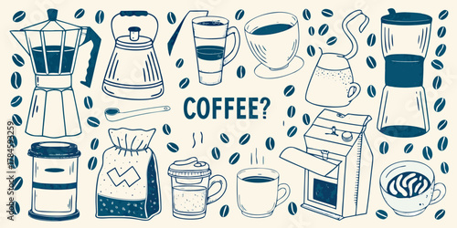 Hand drawn doodle illustration of various coffee making equipment and coffee beans with the word coffee