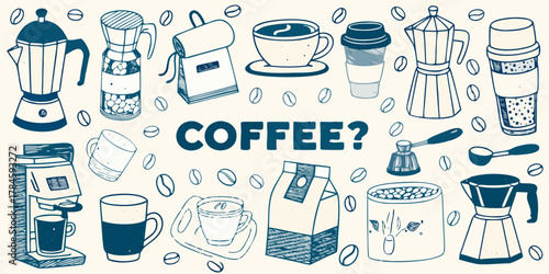 A playful hand drawn illustration of various coffee making equipment and coffee beans with the word coffee in the center