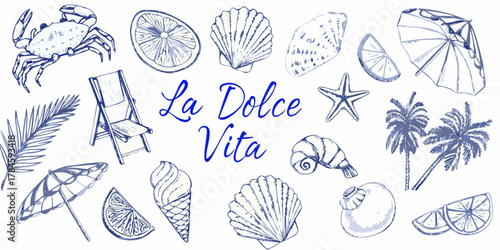 La dolce vita collection of beach and summer icons in blue watercolor style