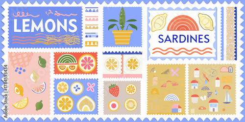 Collection of stylized postage stamps featuring lemons sardines fruit slices and whimsical illustrations