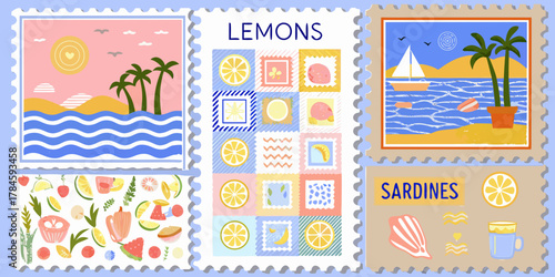 Collection of colorful postage stamps featuring summer vacation themes and fresh fruit illustrations