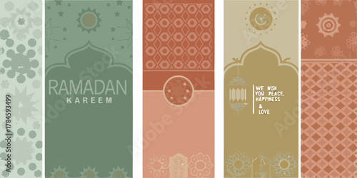 Ramadan kareem greeting with islamic patterns lanterns and wishes for peace happiness and love