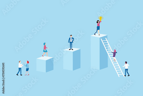 Diverse business people climbing stairs and ladders to reach success and achieve goals on podiums