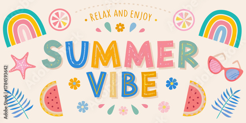Carta da parati Fun and colorful summer vibe lettering with playful decorations and bright color