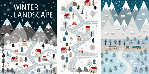 Charming winter village scenes with snowy mountains and forest roads