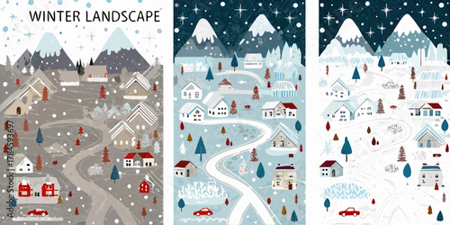 Charming winter village scenes with snow covered mountains and cozy houses