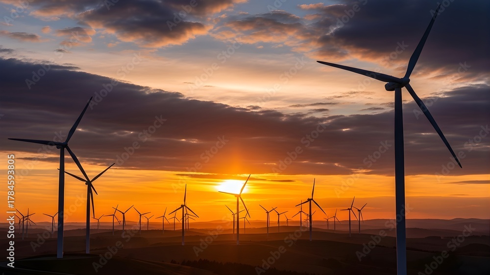 Obraz premium Wind farm turbines silhouetted against a dramatic sunset sky