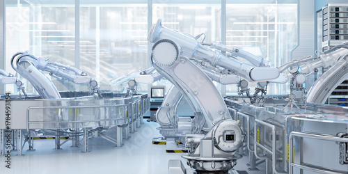 Tableau sur toile High-tech automated factory with advanced industrial robotic arms working on cpu production line