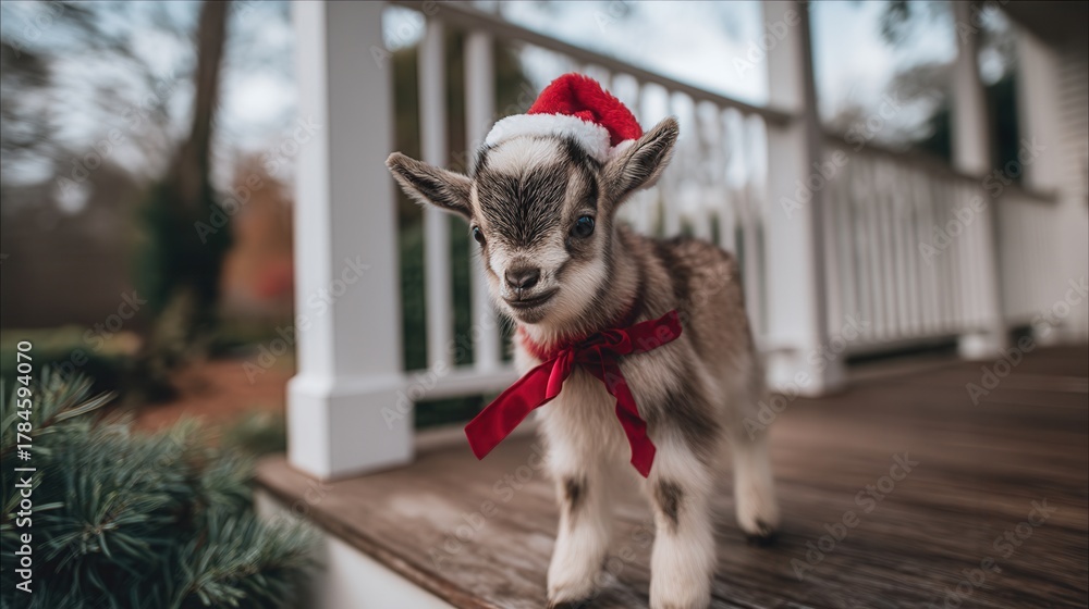 Obraz premium christmas Cute goat wearing a Santa hat with a festive bow on a porch.