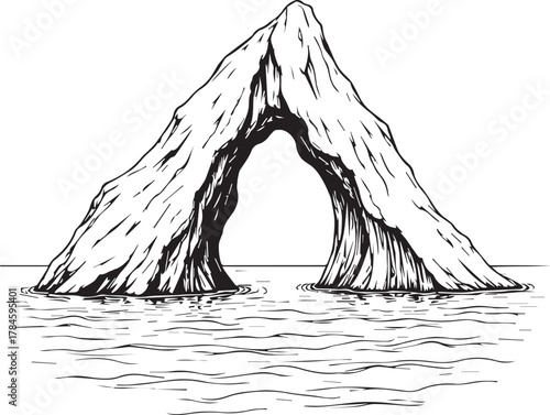 An artistic illustration captures the majesty of nature's frozen wonder, showcasing a pristine iceberg with a captivating archway. 