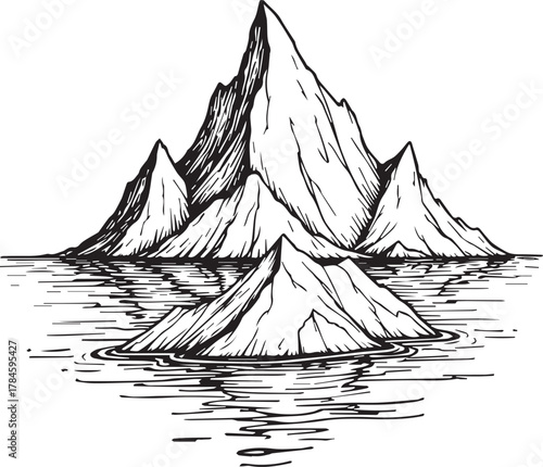 An iceberg floats majestically on the tranquil surface of the water, its jagged peaks and intricate details rendered in precise linework.