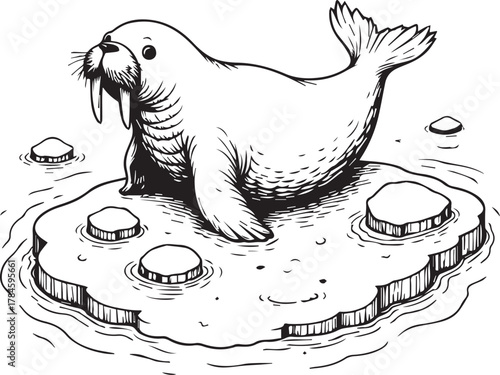 A charming illustration of a walrus resting on an ice floe, rendered in a simple yet captivating line art style. 