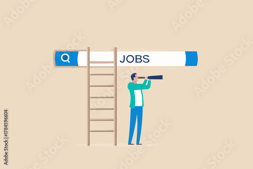 Man with telescope looking for jobs on a search bar with a ladder representing career advancement and opportunity