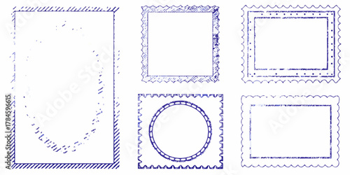 Collection of five distressed blue postage stamp frames with perforated edges and varied designs