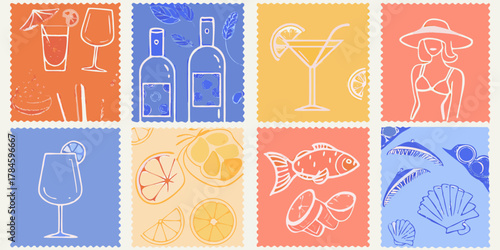 A collage of eight stylized illustrations depicting summer vacation and beach themes in a playful hand drawn style