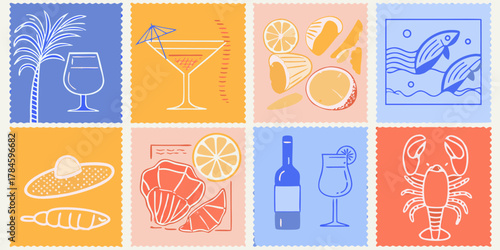 Collection of stylized illustrations depicting summer vacation elements like cocktails seafood and beach accessories