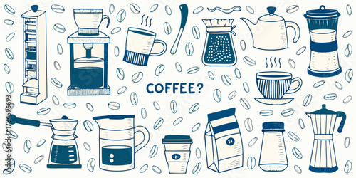 Whimsical hand drawn coffee collection featuring brewing devices beans and cups with question mark