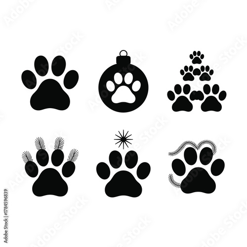 Christmas Tree Paw Silhouette Vector Set