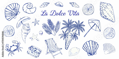 La dolce vita summer beach elements collection featuring seashells palm trees lemons and beach chair