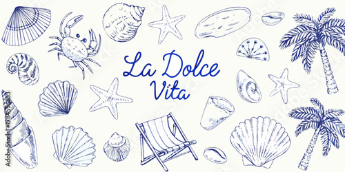 La dolce vita text surrounded by hand drawn beach elements including seashells starfish palm trees and a beach chair