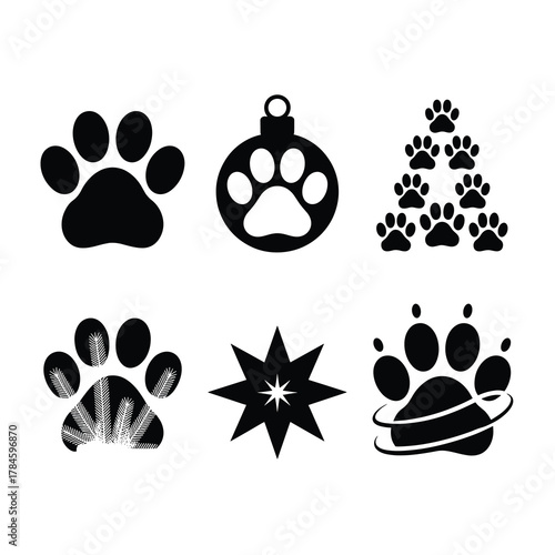 Christmas Tree Paw Silhouette Vector Set