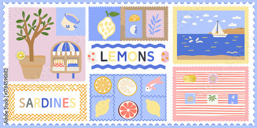 Whimsical stamp collection featuring lemons sardines sailboat and tropical elements