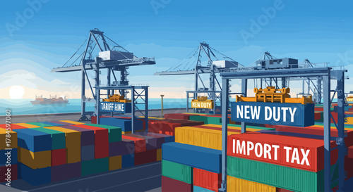 Shipping containers stacked at port with cranes and import tax signage.