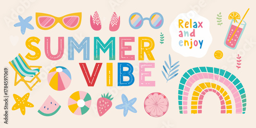 Schilderij op canvas Summer vibe colorful hand drawn elements and text for vacation and relaxation