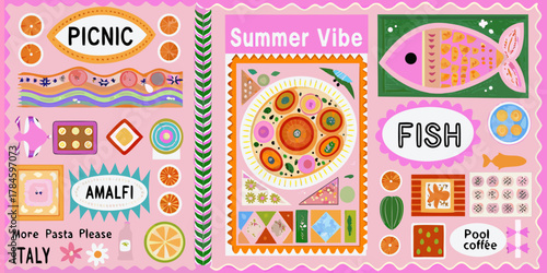 Whimsical summer vibe picnic and italian amalfi coast inspired collage art