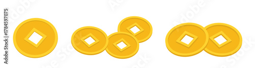 Chinese gold coin icon set.
Traditional Chinese copper coin flat vector illustration.
White background.