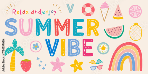 Foto Relax and enjoy the summer vibe with colorful illustrations of fruits beach item
