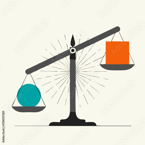 Balance scale with sphere and cube representing equality and comparison.