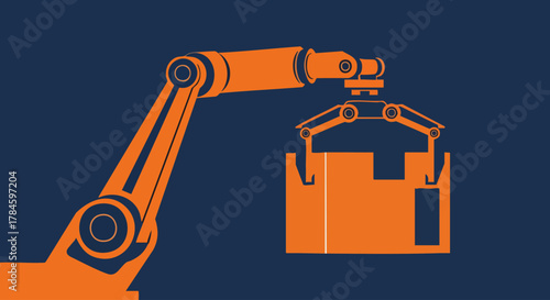 Industrial robotic arm lifting a container, automation and manufacturing concept.