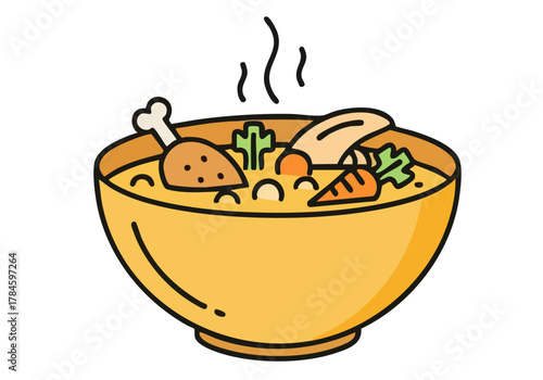 A charming soup bowl icon featuring chicken, vegetables, and steam. Clean, line art style. Ideal for website design, apps, and illustrations. Simple, modern, and visually appealing.