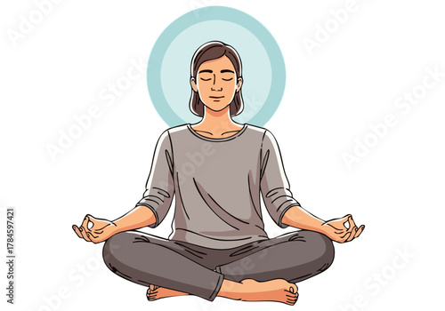 A serene woman meditates in a minimalist setting, promoting inner peace and calm. Soft colors and a focused expression create a tranquil visual.