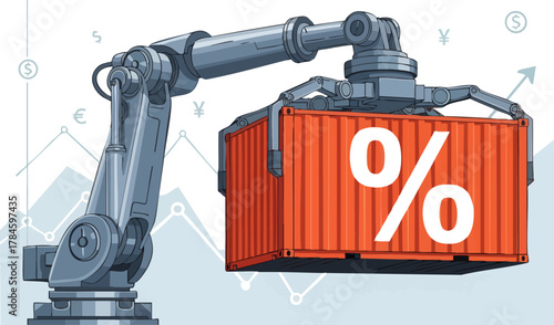 Robotic arm holding a container with percentage symbol, financial concept.