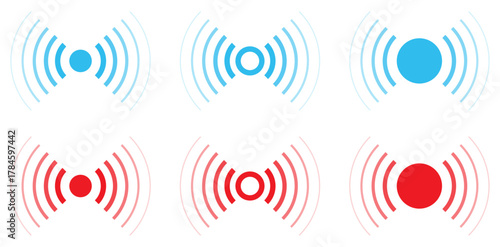 Radar and sonar signal icons. Set of wireless signal. Wireless signal vector icons set isolated on white background. Wi-Fi and network symbols. Vector illustration.